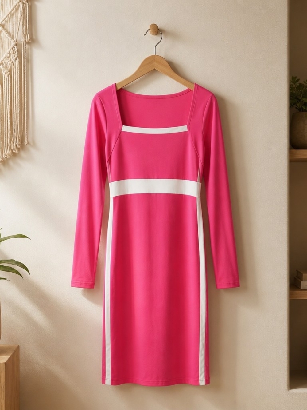 Women's Pink Long-Sleeve Square Neck Sheath Dress